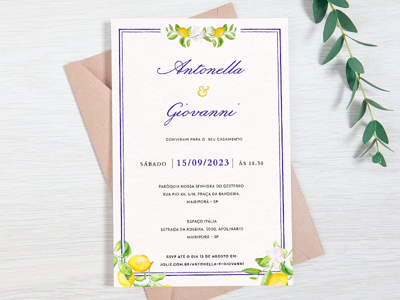 Modelo de Convite de Casamento - Costa Amalfitana Crie seu convite de casamento - Costa Amalfitana| FestaLab