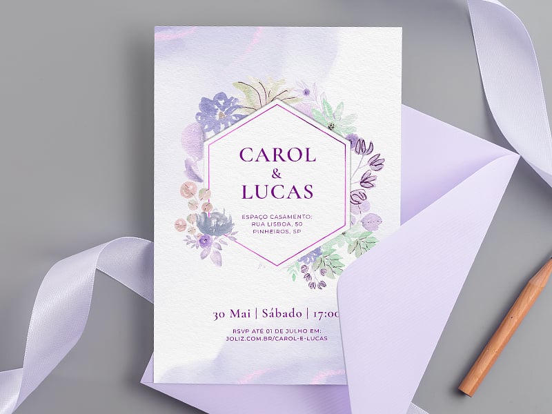 Modelo de Convite de Casamento - Flores aquarela lilas Crie seu convite de casamento - Flores aquarela lilás| FestaLab