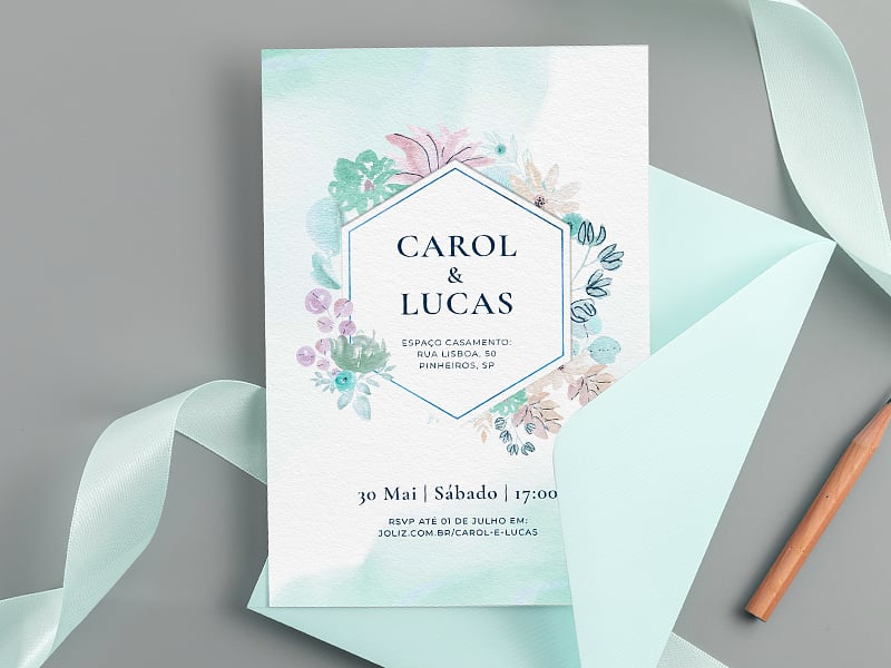 Modelo de Convite de Casamento - Flores aquarela verde Crie seu convite de casamento - Flores aquarela verde| FestaLab