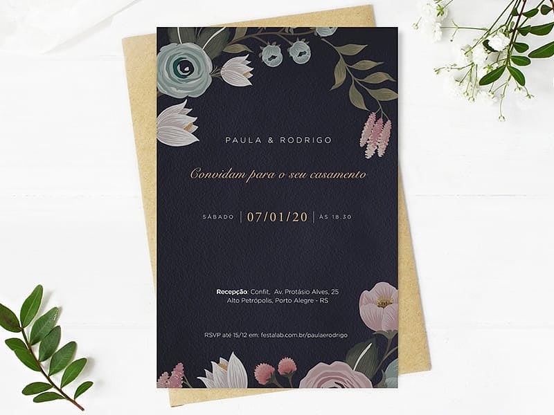 Modelo de Convite de Casamento - Flores Escuro Crie seu convite de casamento - Flores Escuro| FestaLab