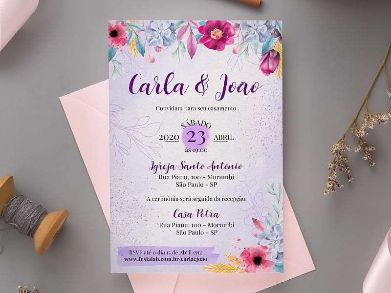 Modelo de Convite de Casamento - Florido moderno roxo Crie seu convite de casamento - Florido moderno roxo| FestaLab