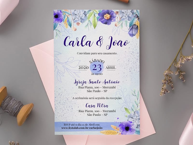 Modelo de Convite de Casamento - Florido roxo Crie seu convite de casamento - Florido roxo| FestaLab