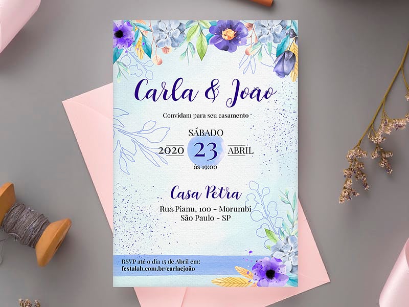 Modelo de Convite de Casamento - Florido roxo Crie seu convite de casamento - Florido roxo| FestaLab