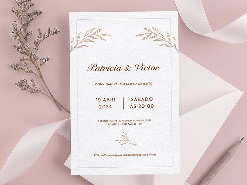 Modelo de Convite de Casamento - Folhagem Luxuosa Dourada Crie seu convite de casamento - Folhagem Luxuosa Dourada| FestaLab