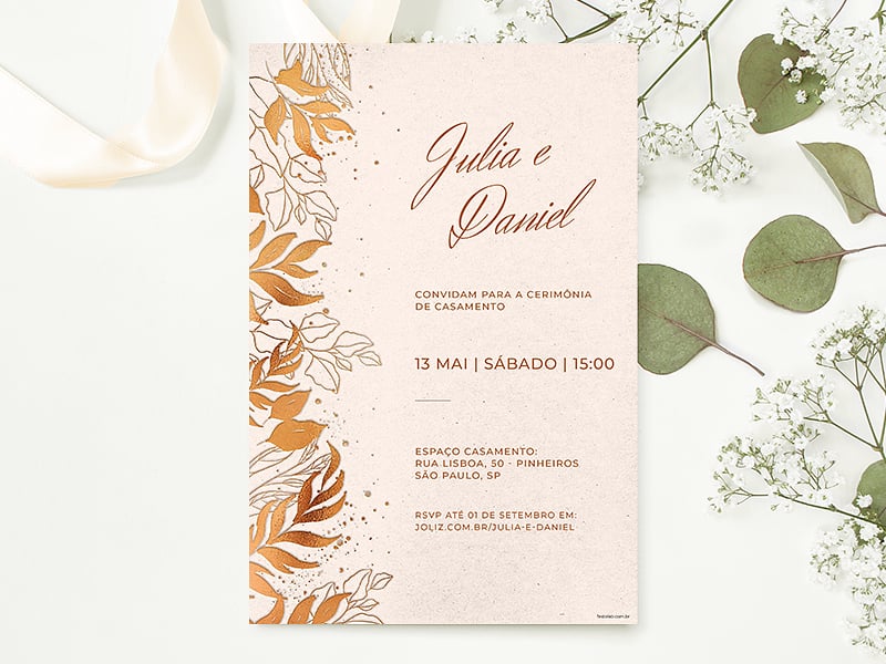 Modelo de Convite de Casamento - Folhas minimalistas dourado Crie seu convite de casamento - Folhas minimalistas dourado| FestaLab