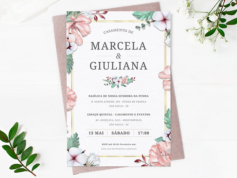 Modelo de Convite de Casamento - Lirios e Flores rosas Crie seu convite de casamento - Lirios e Flores rosas| FestaLab