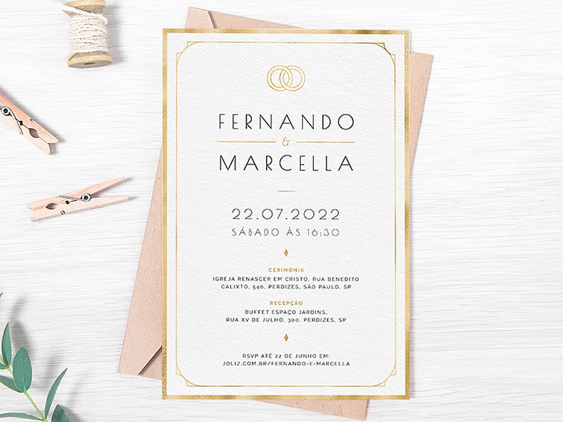 Modelo de Convite de Casamento - Minimalista Dourado Crie seu convite de casamento - Minimalista Dourado| FestaLab