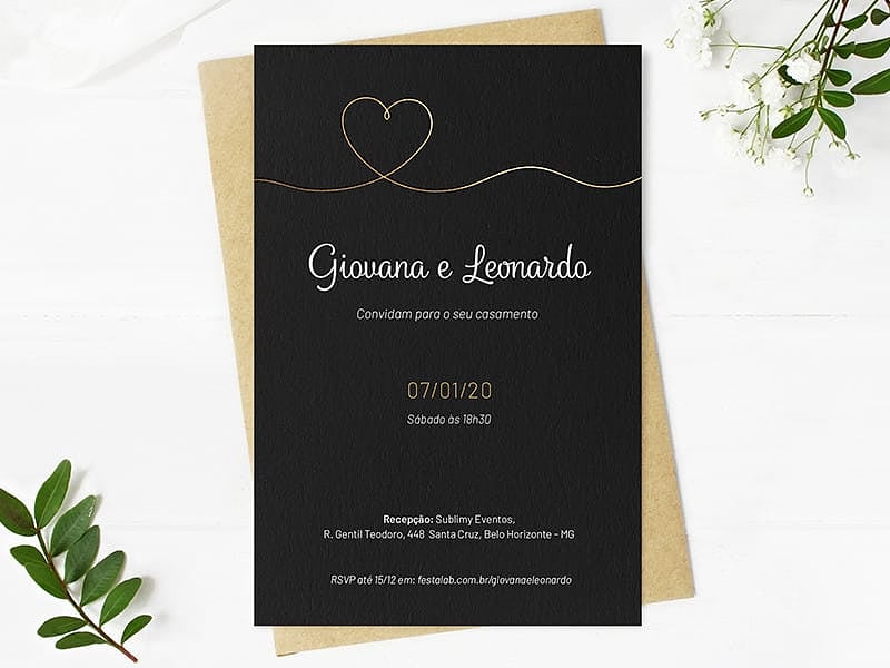 Modelo de Convite de Casamento - Minimalista Preto com Dourado Crie seu convite de casamento - Minimalista Preto com Dourado| FestaLab
