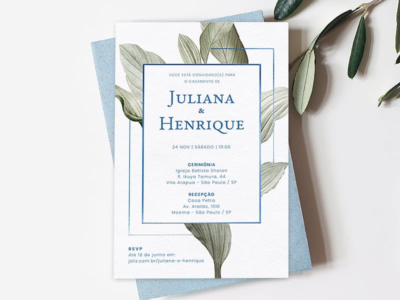 Modelo de Convite de Casamento - Moldura de Folhagem azul Crie seu convite de casamento - Moldura de Folhagem azul| FestaLab