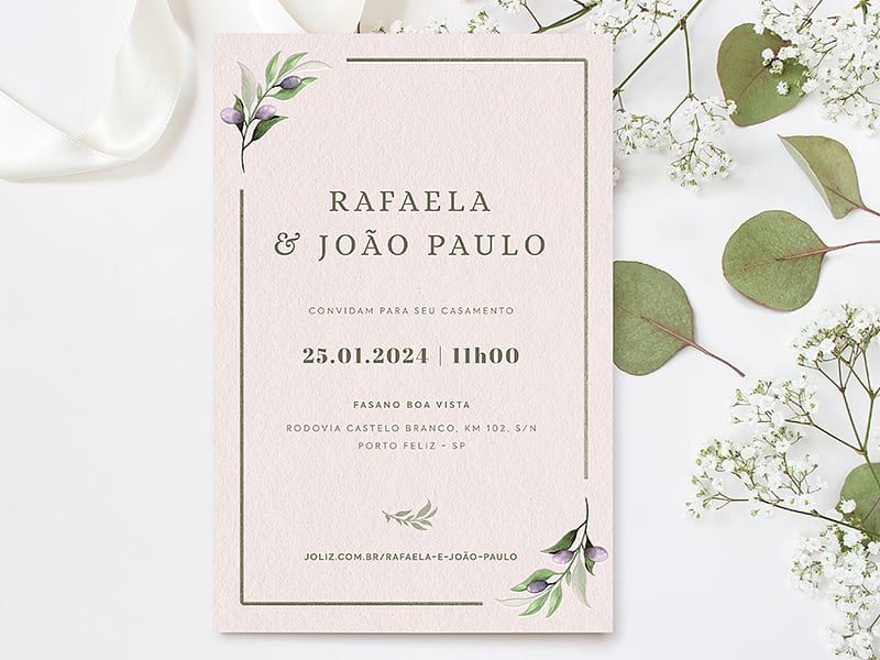 Modelo de Convite de Casamento - Oliveiras Romanticas Crie seu convite de casamento - Oliveiras Românticas| FestaLab