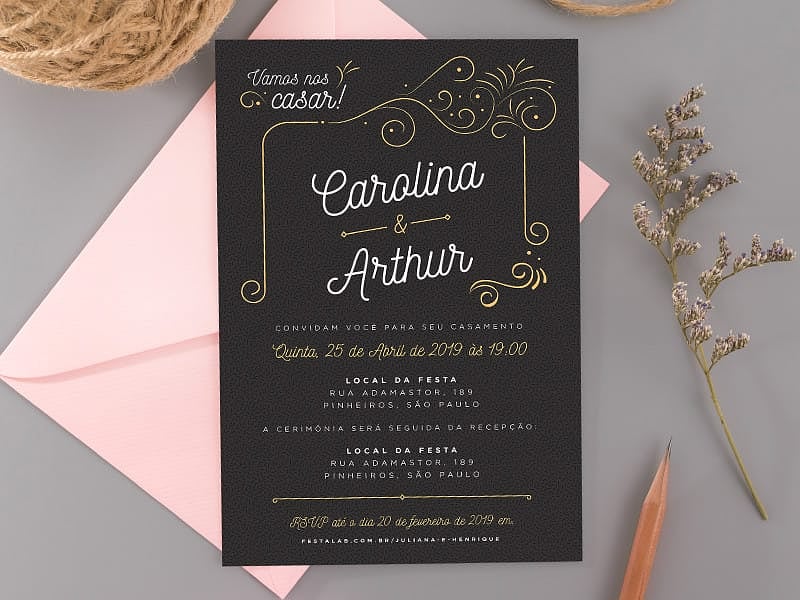 Modelo de Convite de Casamento - Ornamental preto Crie seu convite de casamento - Ornamental preto| FestaLab