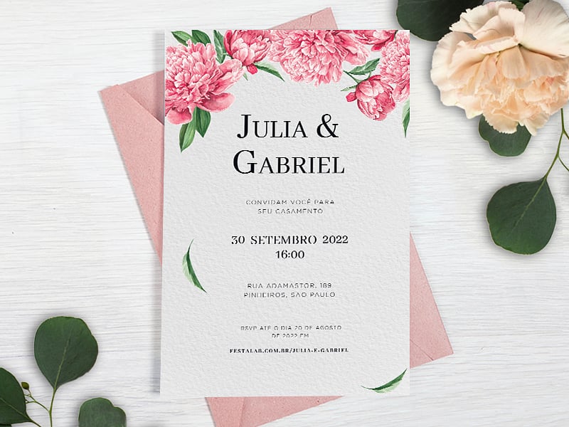 Modelo de Convite de Casamento - Peonias aquarelada Crie seu convite de casamento - Peônias aquarelada| FestaLab