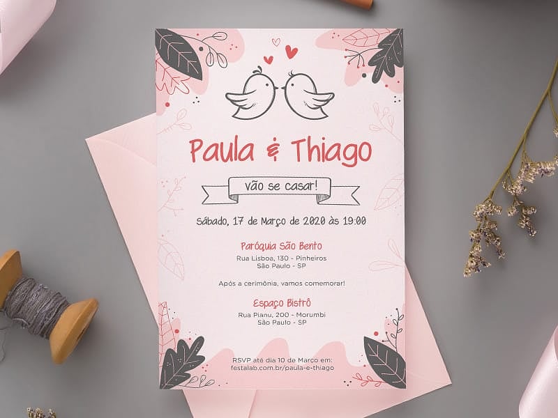 Modelo de Convite de Casamento - Pombinhos Crie seu convite de casamento - Pombinhos| FestaLab
