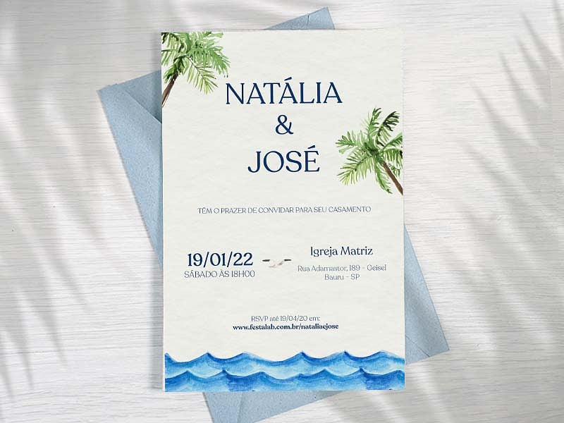 Modelo de Convite de Casamento - Praia Aquarela Crie seu convite de casamento - Praia Aquarela| FestaLab