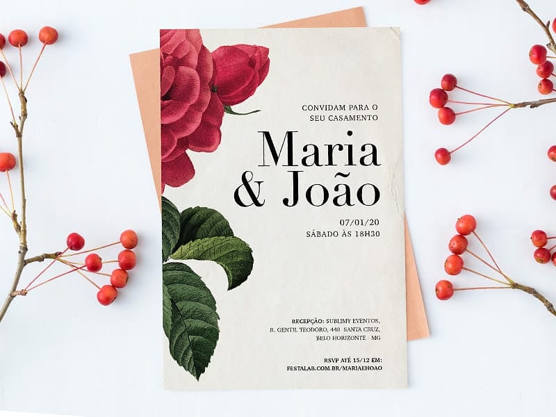 Modelo de Convite de Casamento - Rosas Vermelhas Delicado Crie seu convite de casamento - Rosas Vermelhas Delicado| FestaLab