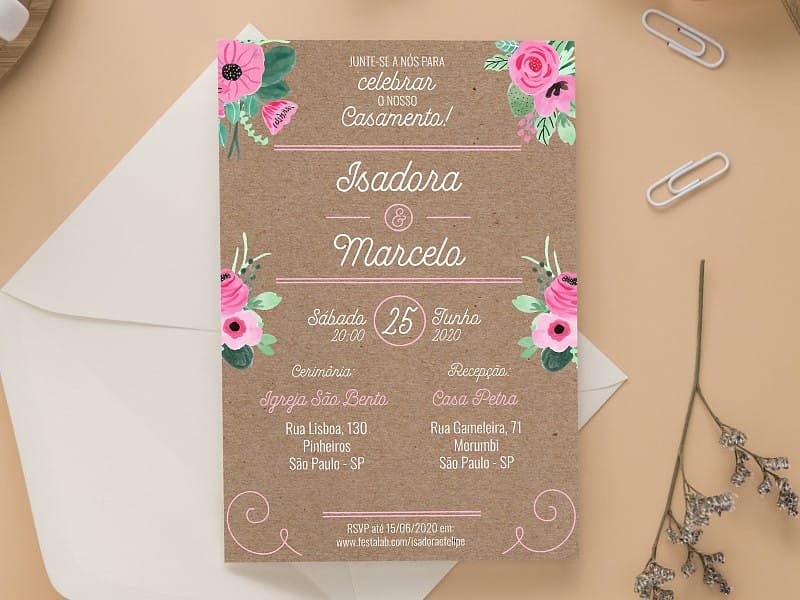 Modelo de Convite de Casamento - Rustico Rosado Crie seu convite de casamento - Rústico Rosado| FestaLab