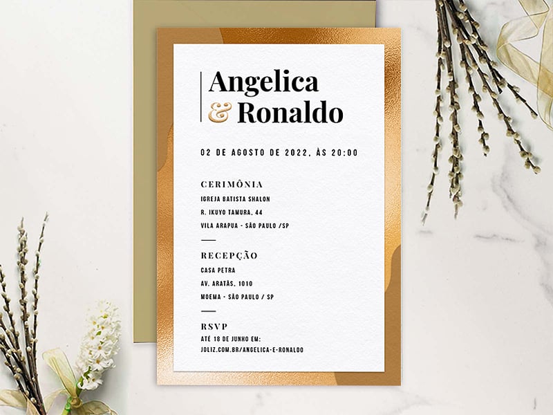 Modelo de Convite de Casamento - Simples Dourado Crie seu convite de casamento - Simples Dourado| FestaLab