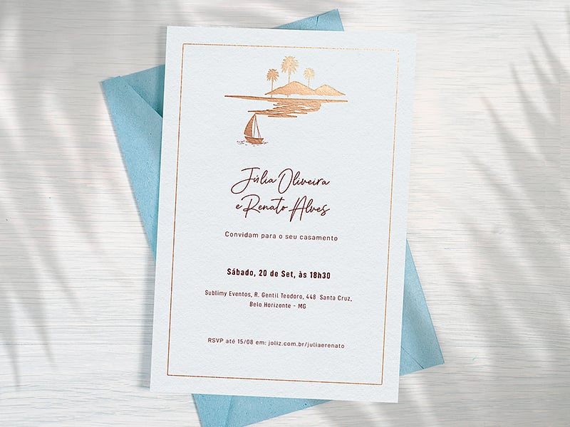 Modelo de Convite de Casamento - Praia dourada minimalista Crie seu convite de casamento - Praia dourada minimalista| FestaLab
