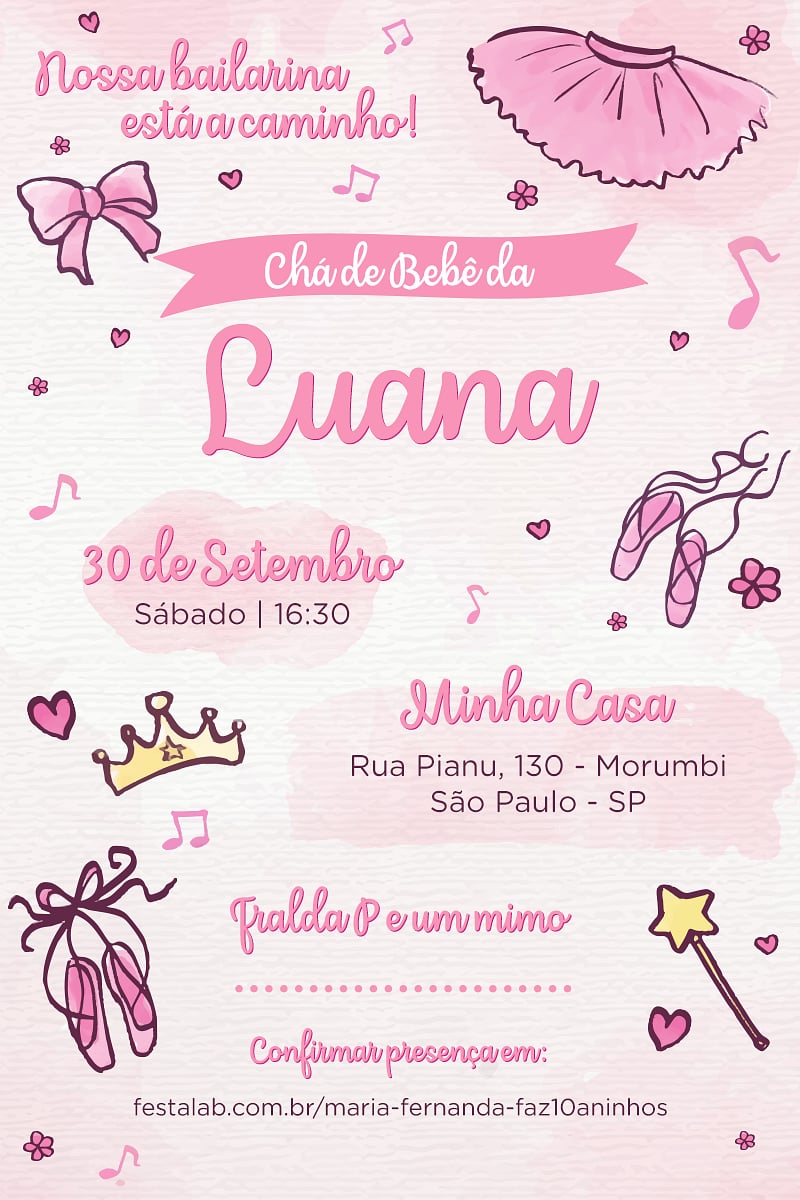Modelo de Convite de Cha de bebe - Bailarina Criar convite de Chá de bebê - Bailarina| FestaLab