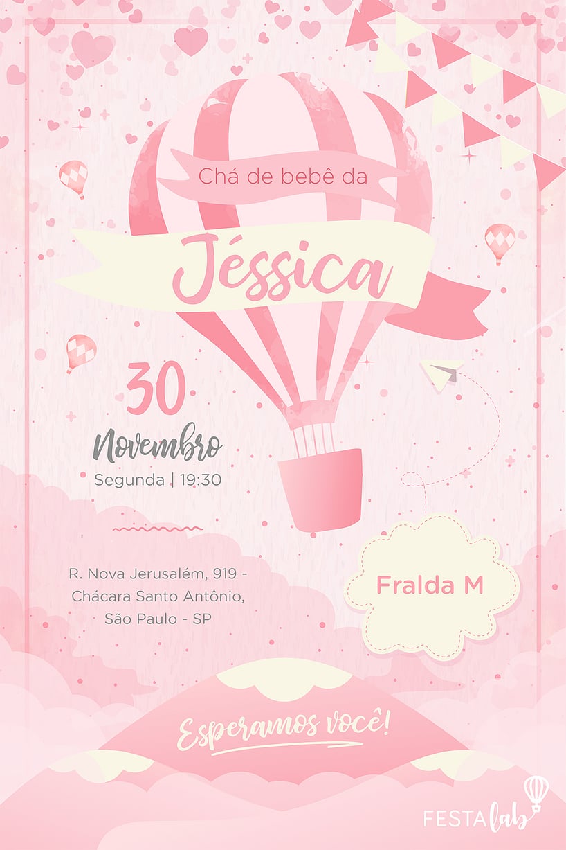 Modelo de Convite de Cha de bebe - Balao Rosa Criar convite de Chá de bebê - Balão Rosa| FestaLab