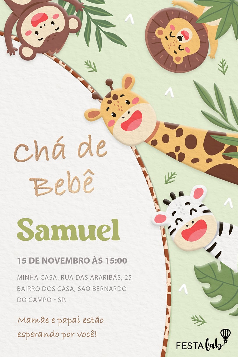 Modelo de Convite de Cha de bebe - Bicharada em Festa Criar convite de Chá de bebê - Bicharada em Festa| FestaLab