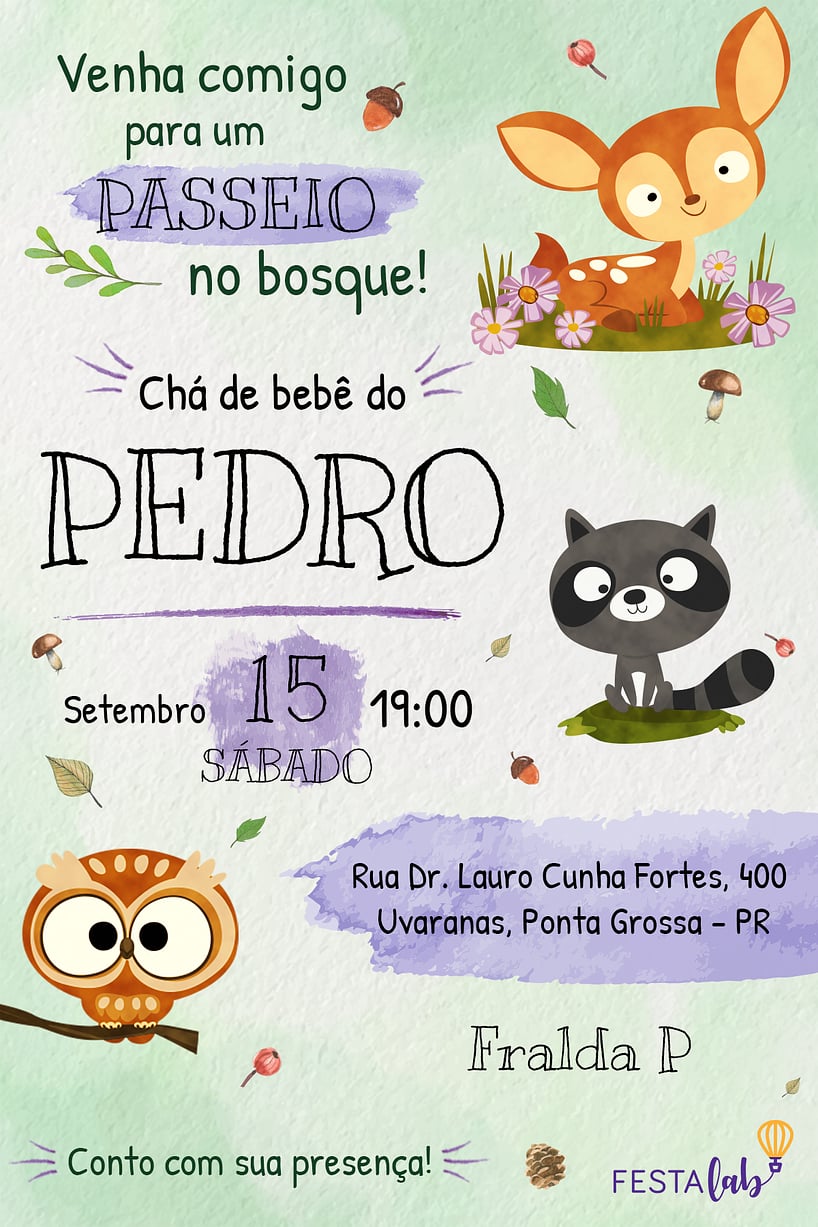 Modelo de Convite de Cha de bebe - Bosque Criar convite de Chá de bebê - Bosque| FestaLab