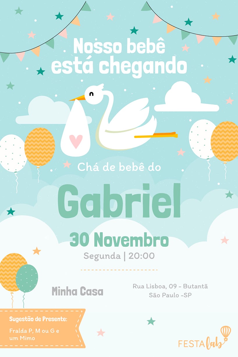 Modelo de Convite de Cha de bebe - Cegonha Criar convite de Chá de bebê - Cegonha| FestaLab