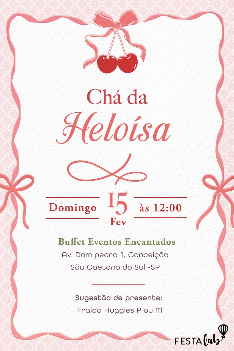Modelo de Convite de Cha de bebe - Cereja com laco Criar convite de Chá de bebê - Cereja com laço| FestaLab