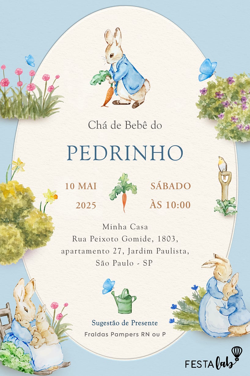 Modelo de Convite de Cha de bebe - Cha de Bebe do Peter Rabbit Criar convite de Chá de bebê - Chá de Bebê do Peter Rabbit| FestaLab