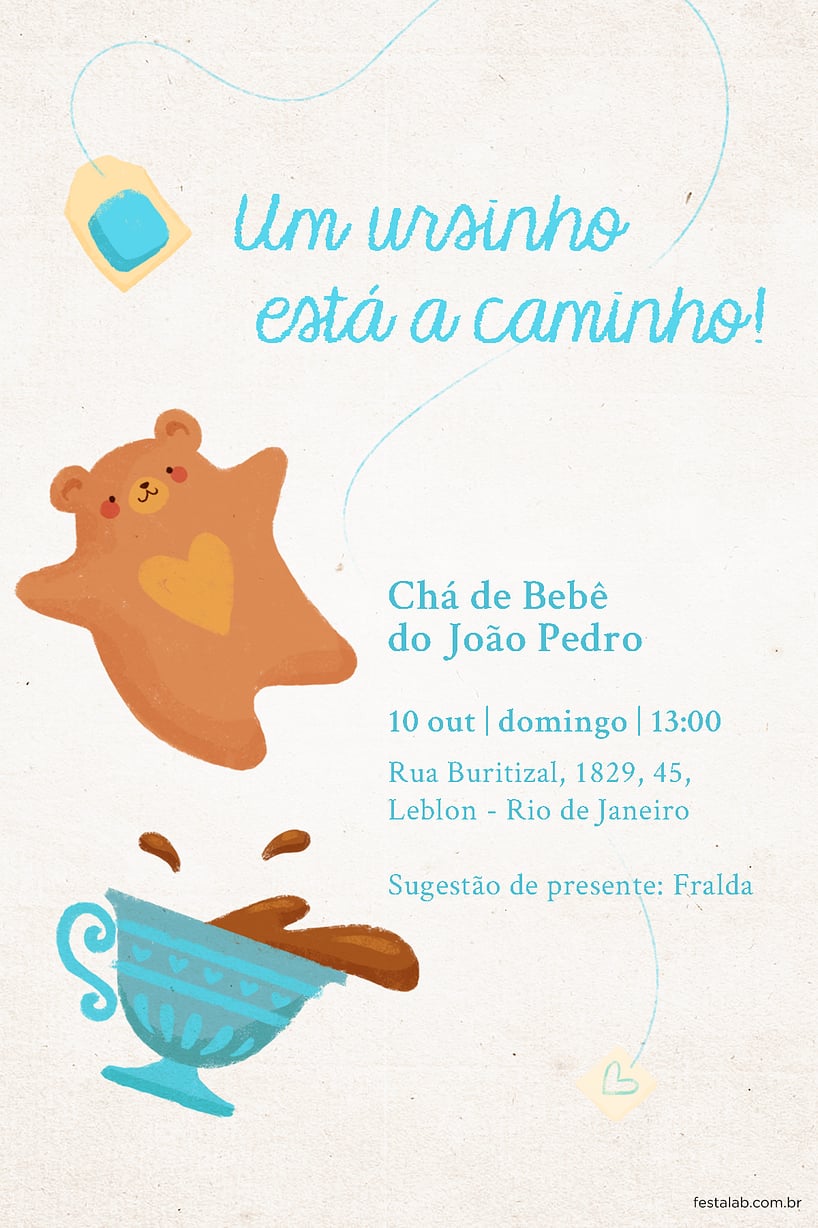 Modelo de Convite de Cha de bebe - Cha do Ursinho Azul Criar convite de Chá de bebê - Chá do Ursinho Azul| FestaLab