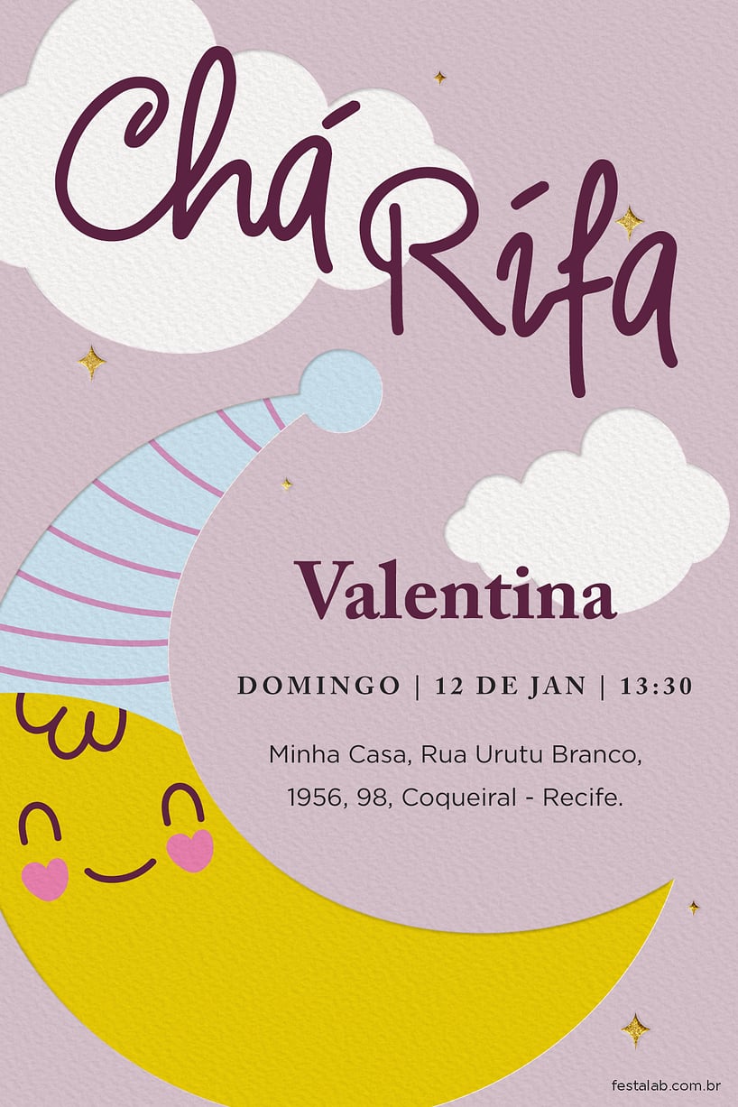 Modelo de Convite de Cha de bebe - Cha rifa lua rosa Criar convite de Chá de bebê - Chá rifa lua rosa| FestaLab