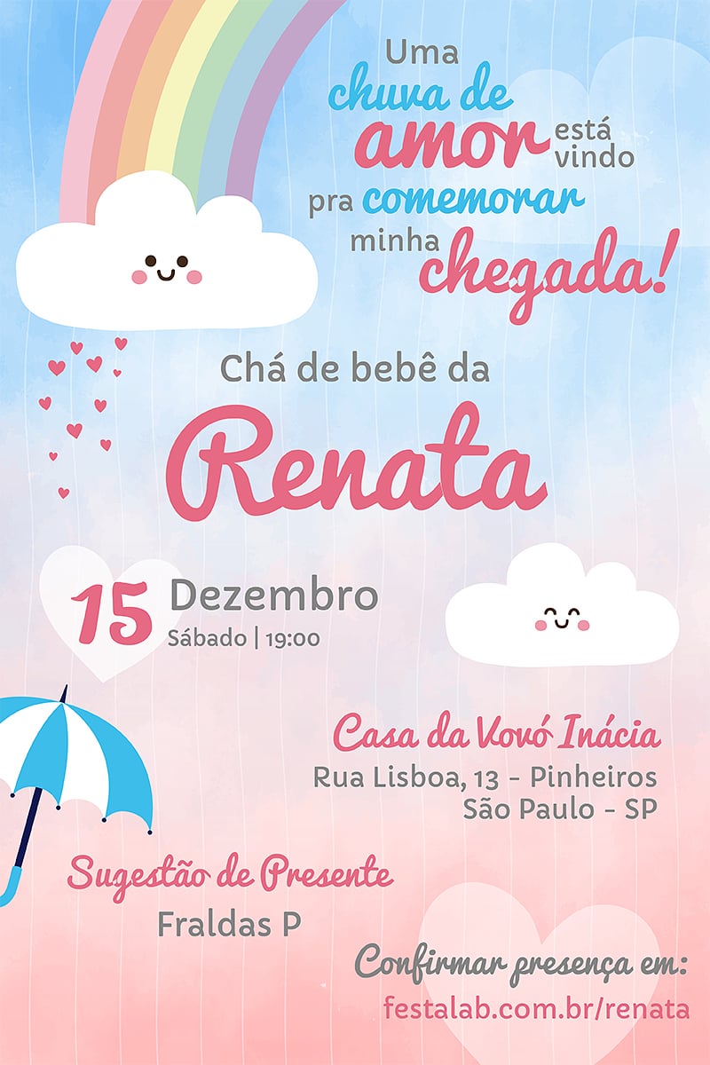 Modelo de Convite de Cha de bebe - Chuva de Amor Criar convite de Chá de bebê - Chuva de Amor| FestaLab