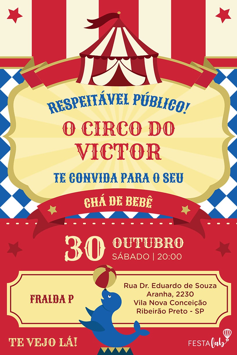 Modelo de Convite de Cha de bebe - Uma Festa no Circo Criar convite de Chá de bebê - Uma Festa no Circo| FestaLab