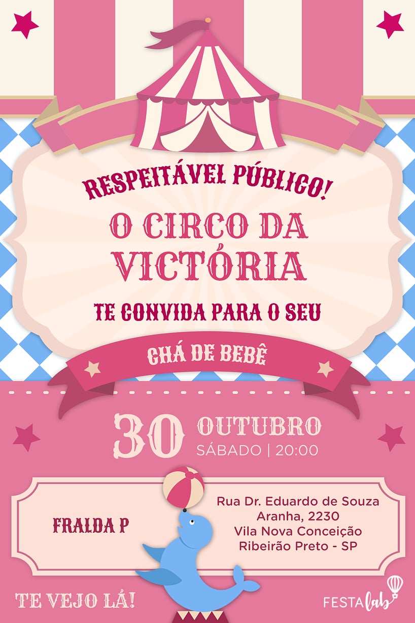 Modelo de Convite de Cha de bebe - Uma Festa no Circo: Rosa Criar convite de Chá de bebê - Uma Festa no Circo: Rosa| FestaLab