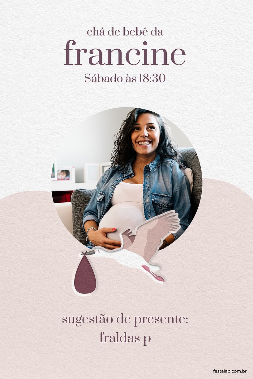 Modelo de Convite de Cha de bebe - Com amor, cegonha lilas Criar convite de Chá de bebê - Com amor, cegonha lilás| FestaLab