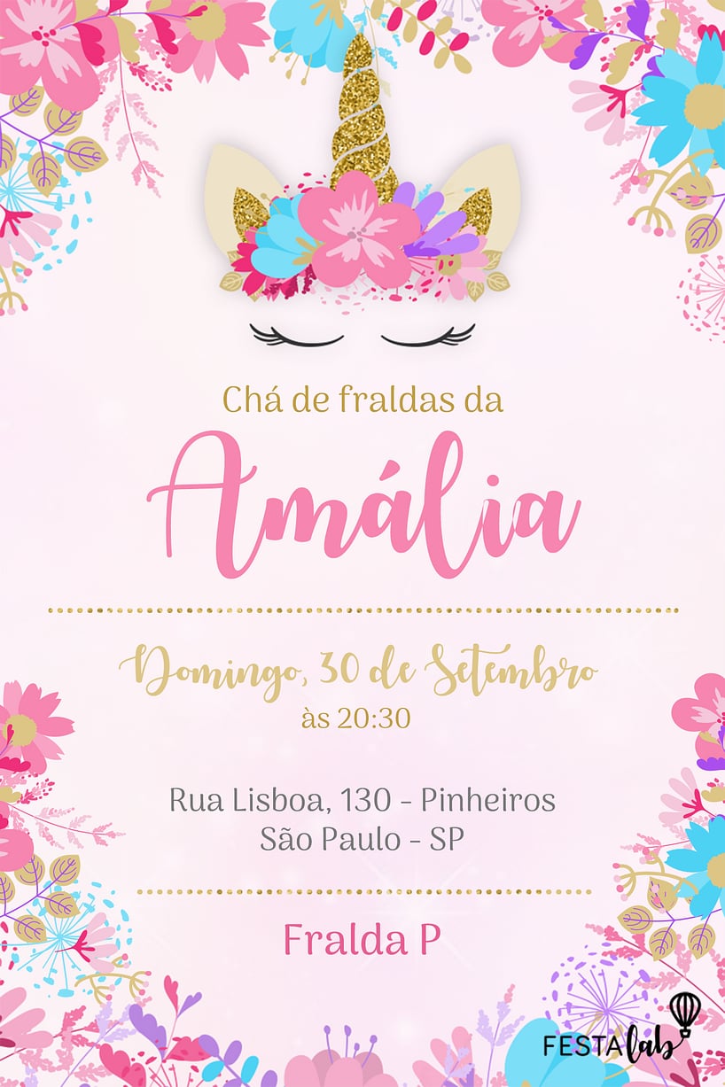 Modelo de Convite de Cha de bebe - Coroa de Unicornio Criar convite de Chá de bebê - Coroa de Unicórnio| FestaLab