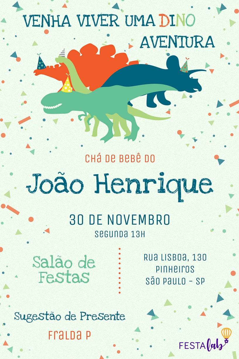 Modelo de Convite de Cha de bebe - Dinossauros Criar convite de Chá de bebê - Dinossauros| FestaLab