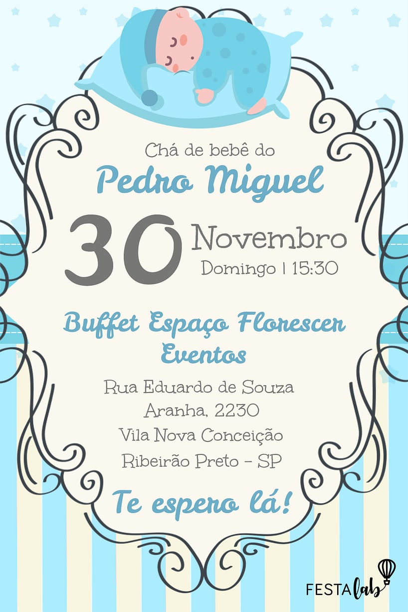 Modelo de Convite de Cha de bebe - Dorminhoco Criar convite de Chá de bebê - Dorminhoco| FestaLab