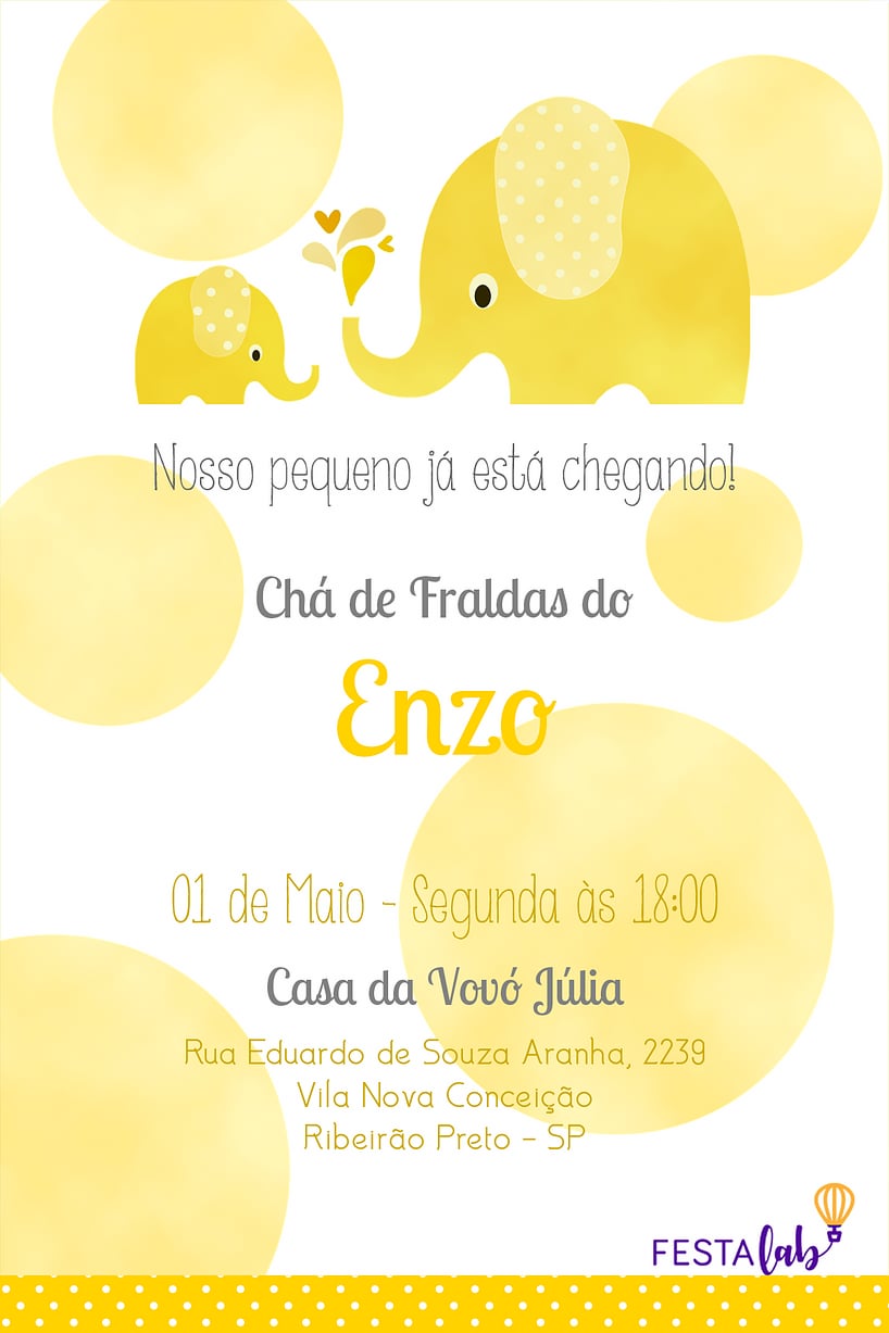 Modelo de Convite de Cha de bebe - Elefantinho de Bolinhas: Amarelo Criar convite de Chá de bebê - Elefantinho de Bolinhas: Amarelo| FestaLab