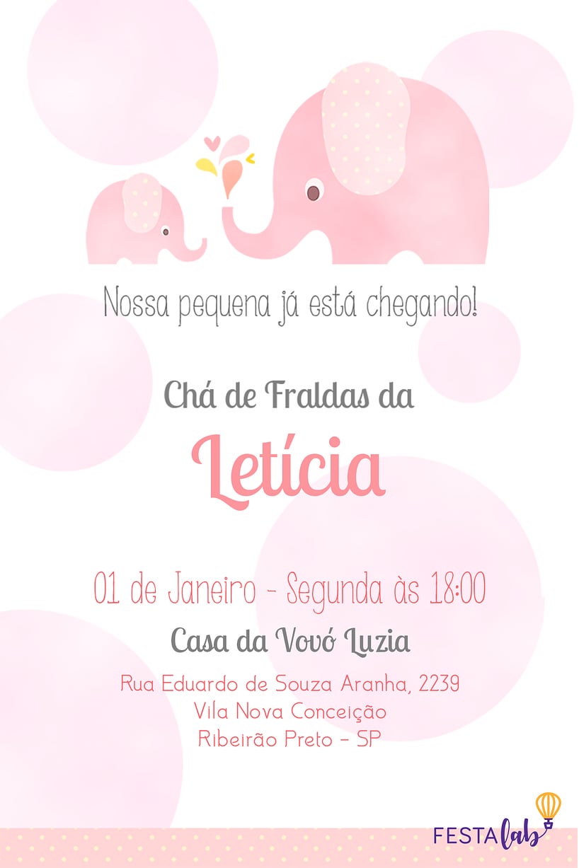 Modelo de Convite de Cha de bebe - Elefantinho de Bolinhas: Rosa Criar convite de Chá de bebê - Elefantinho de Bolinhas: Rosa| FestaLab