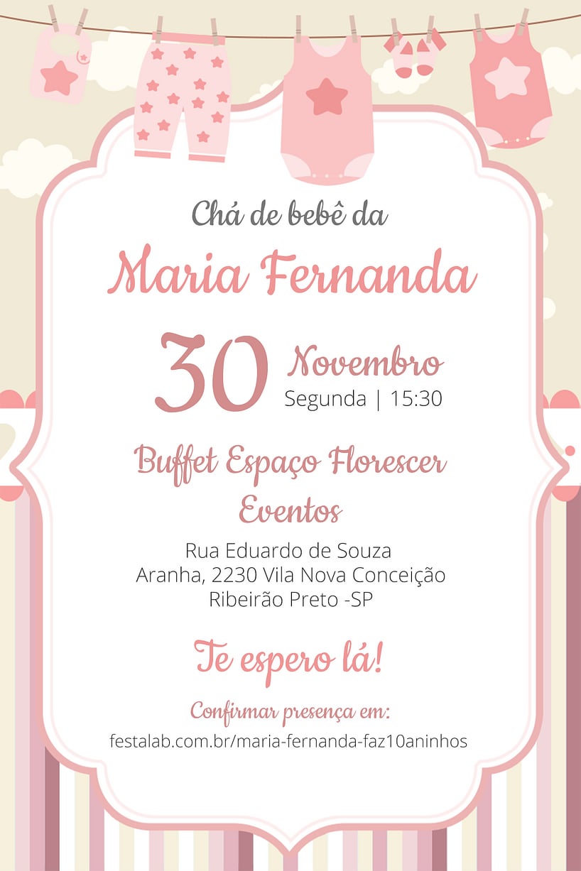 Modelo de Convite de Cha de bebe - Enxoval Menina Criar convite de Chá de bebê - Enxoval Menina| FestaLab