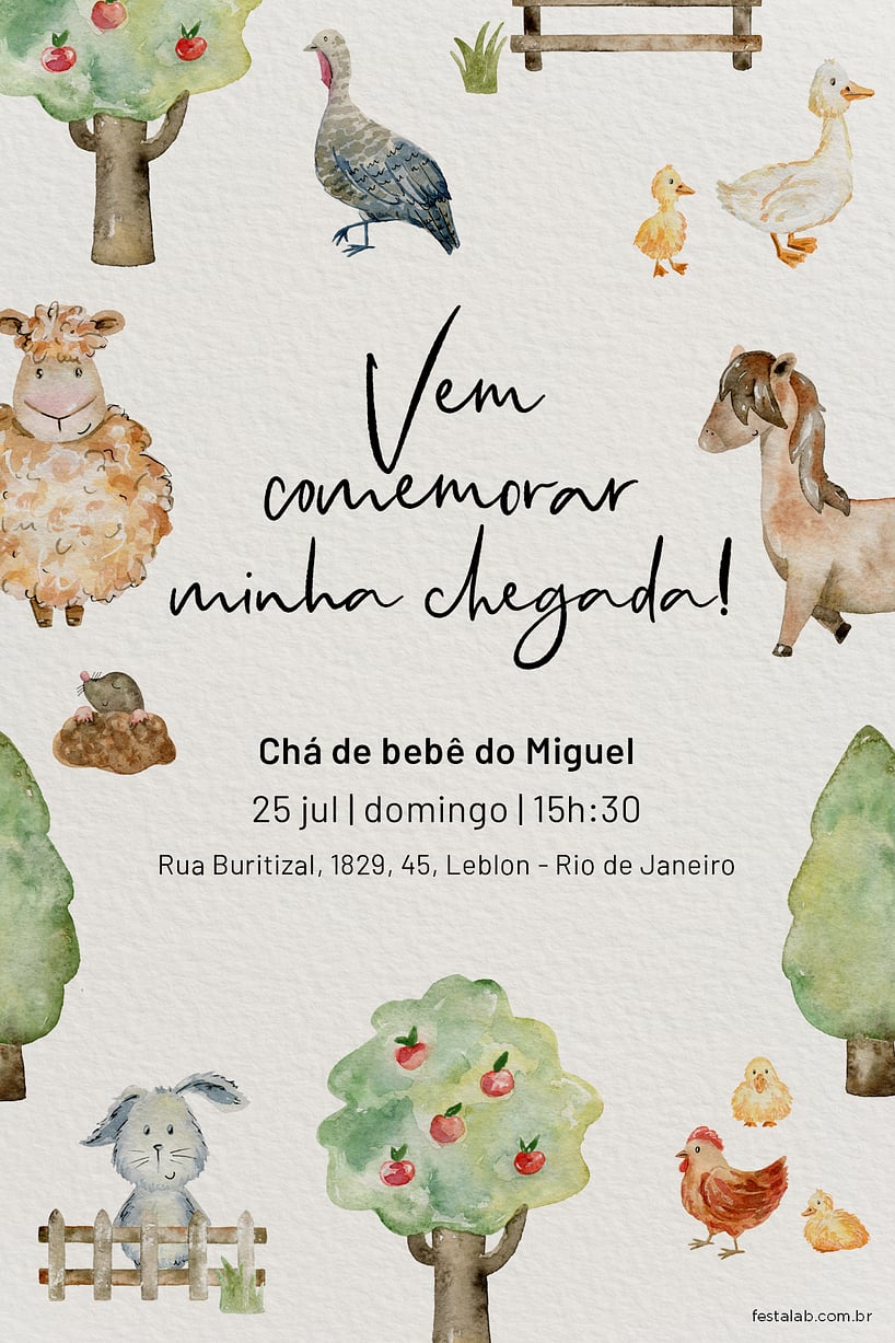Modelo de Convite de Cha de bebe - Fazendinha com Animais Criar convite de Chá de bebê - Fazendinha com Animais| FestaLab