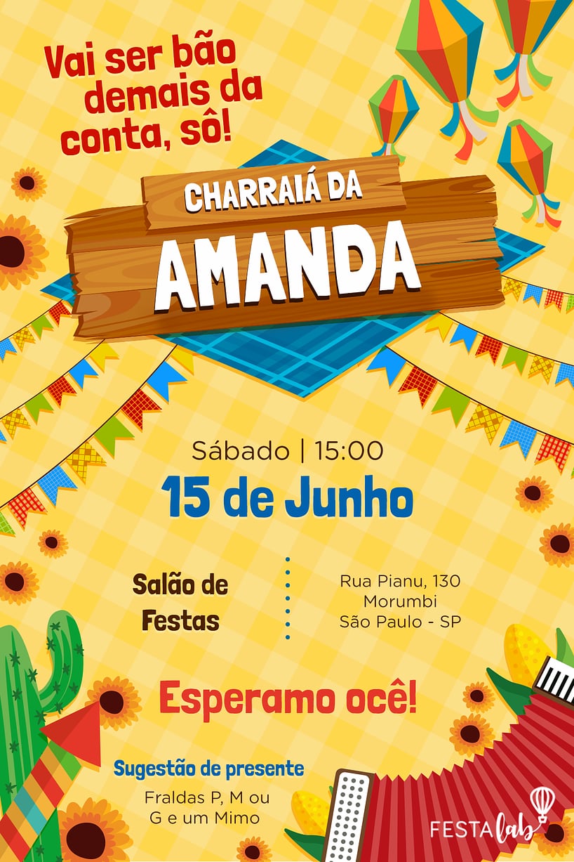 Modelo de Convite de Cha de bebe - Festa Junina Criar convite de Chá de bebê - Festa Junina| FestaLab