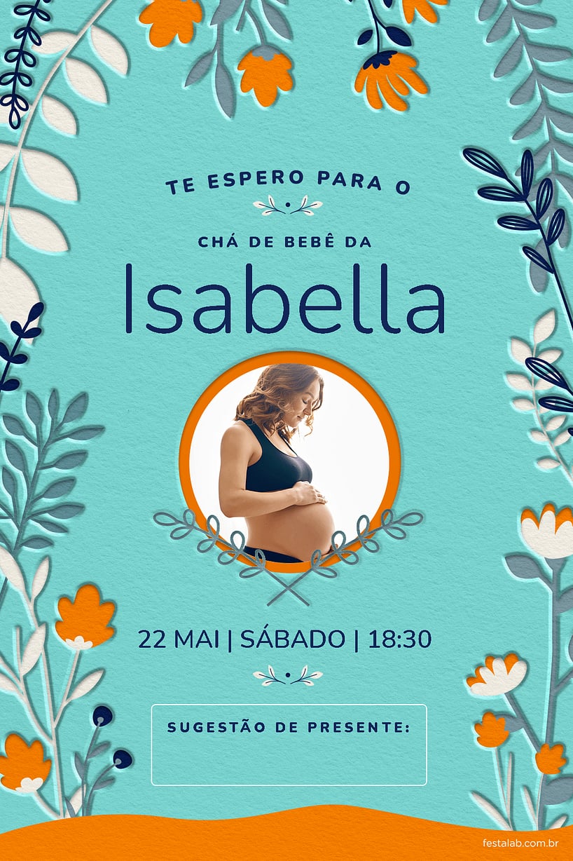 Modelo de Convite de Cha de bebe - Floral Azul e Laranja Criar convite de Chá de bebê - Floral Azul e Laranja| FestaLab