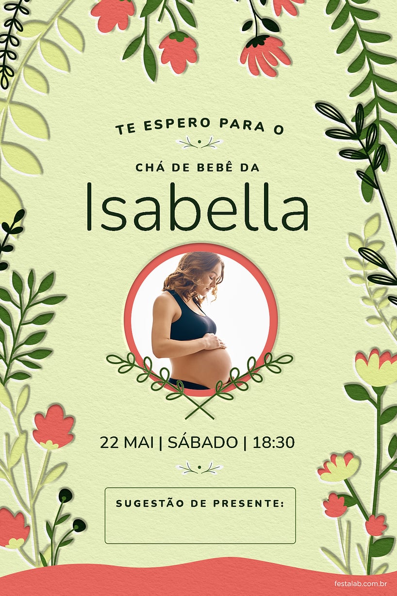 Modelo de Convite de Cha de bebe - Floral verde e rosa Criar convite de Chá de bebê - Floral verde e rosa| FestaLab