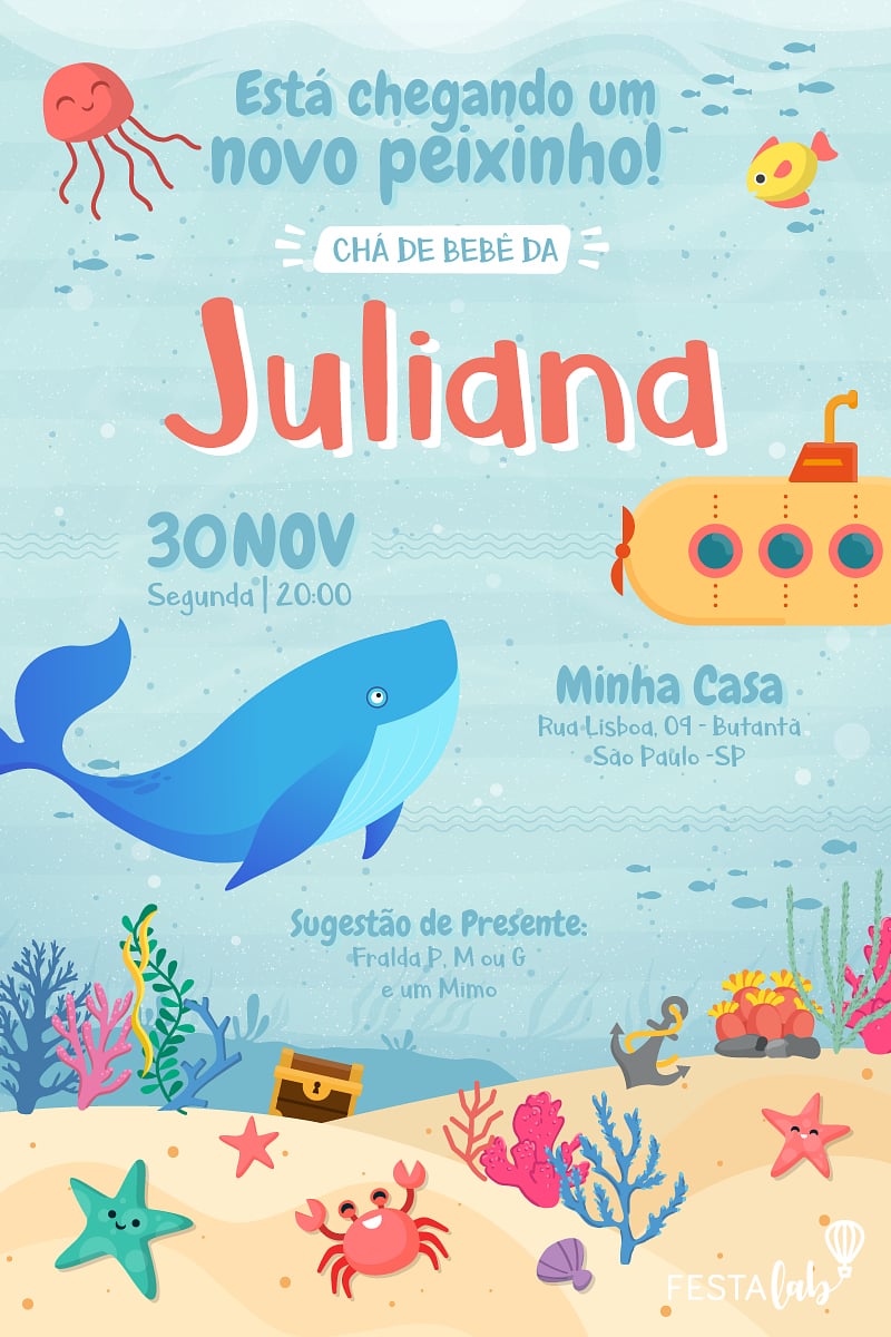 Modelo de Convite de Cha de bebe - Fundo do Mar Criar convite de Chá de bebê - Fundo do Mar| FestaLab