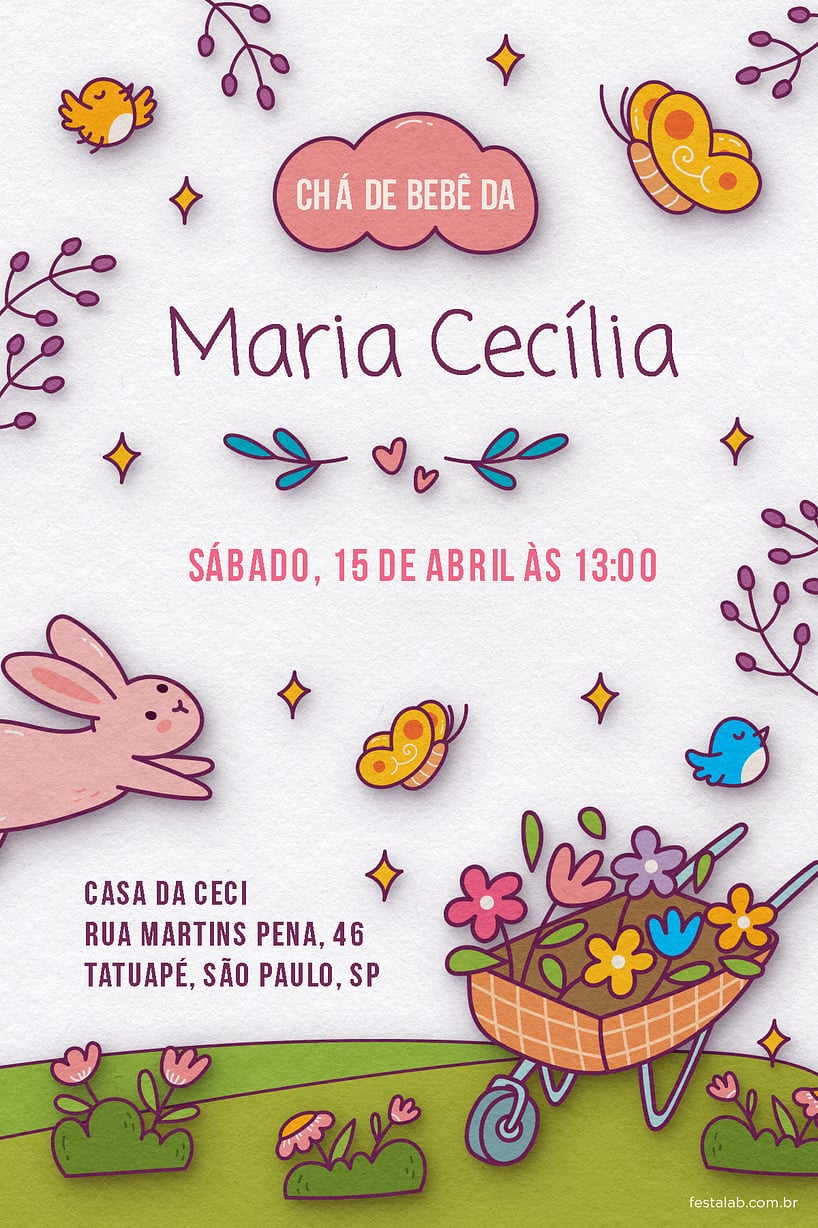 Modelo de Convite de Cha de bebe - No Reino das Flores: Branco Criar convite de Chá de bebê - No Reino das Flores: Branco| FestaLab
