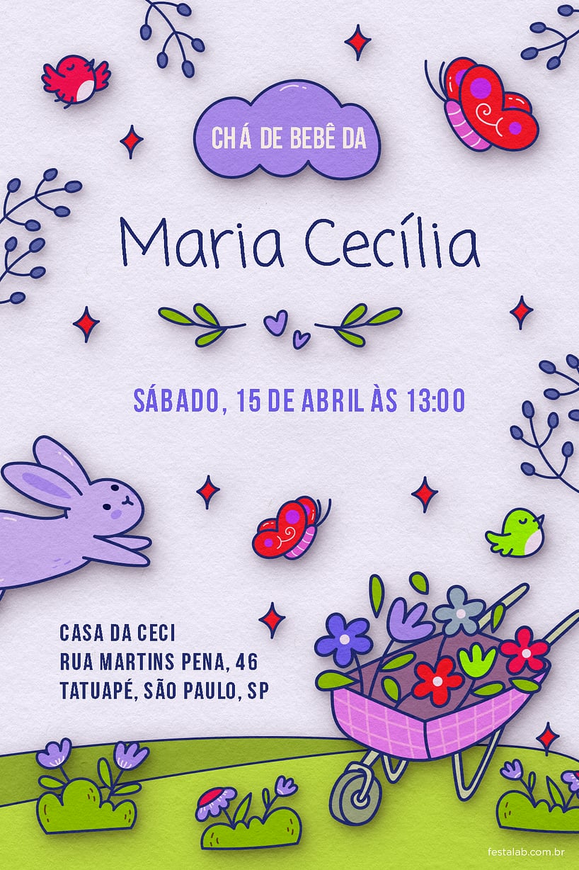 Modelo de Convite de Cha de bebe - No Reino das Flores: Lilas Criar convite de Chá de bebê - No Reino das Flores: Lilás| FestaLab