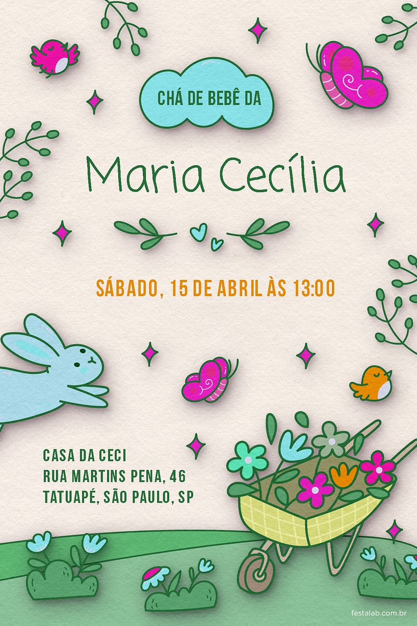 Modelo de Convite de Cha de bebe - No Reino das Flores Criar convite de Chá de bebê - No Reino das Flores| FestaLab