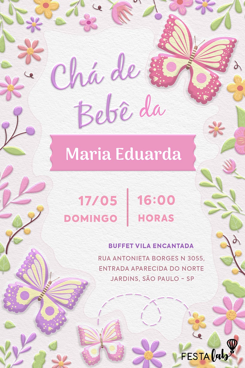 Modelo de Convite de Cha de bebe - Jardim das flores Criar convite de Chá de bebê - Jardim das flores| FestaLab
